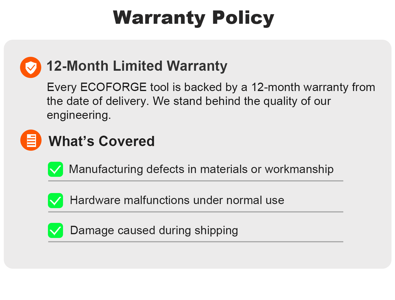 A digital graphic outlining the ECOFORGE Warranty Policy, featuring a 12-month limited warranty and a list of covered items including manufacturing defects, hardware malfunctions, and shipping damage, set against a light gray background with orange and green icons.