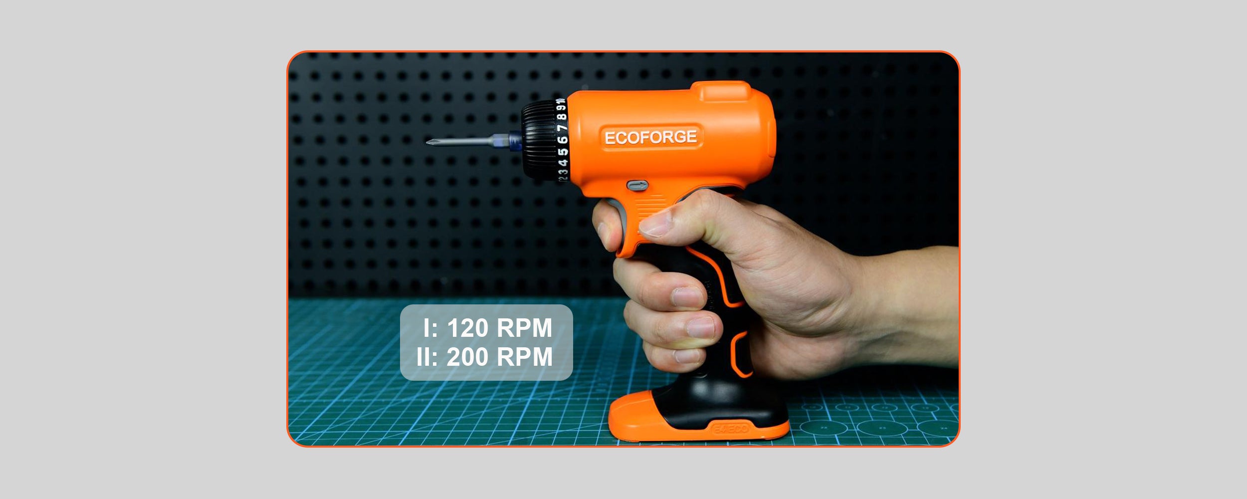 A photograph of a person holding an orange and black ECOFORGE electric screwdriver above a green cutting mat, featuring a text overlay indicating dual speed settings: Speed I at 120 RPM and Speed II at 200 RPM.