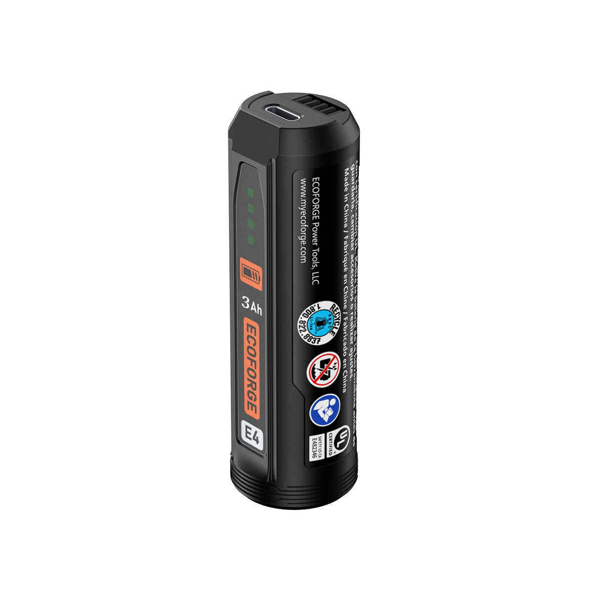 A 3D product render of a matte black cylindrical ECOFORGE E4 battery pack standing upright against a solid black background.

The top of the battery unit features a built-in USB-C charging port and recessed electrical contact slots. Down the front face, green LED charge indicators sit above an orange battery icon, "4 Ah" capacity text, an orange vertical ECOFORGE logo badge, and the white "E4" series mark. The side of the cylinder displays company text reading "ECOFORGE Power Tools, LLC" alongside standard 