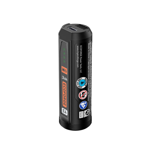 A 3D product render of a matte black cylindrical ECOFORGE E4 battery pack standing upright against a solid black background.

The top of the battery unit features a built-in USB-C charging port and recessed electrical contact slots. Down the front face, green LED charge indicators sit above an orange battery icon, "4 Ah" capacity text, an orange vertical ECOFORGE logo badge, and the white "E4" series mark. The side of the cylinder displays company text reading "ECOFORGE Power Tools, LLC" alongside standard 