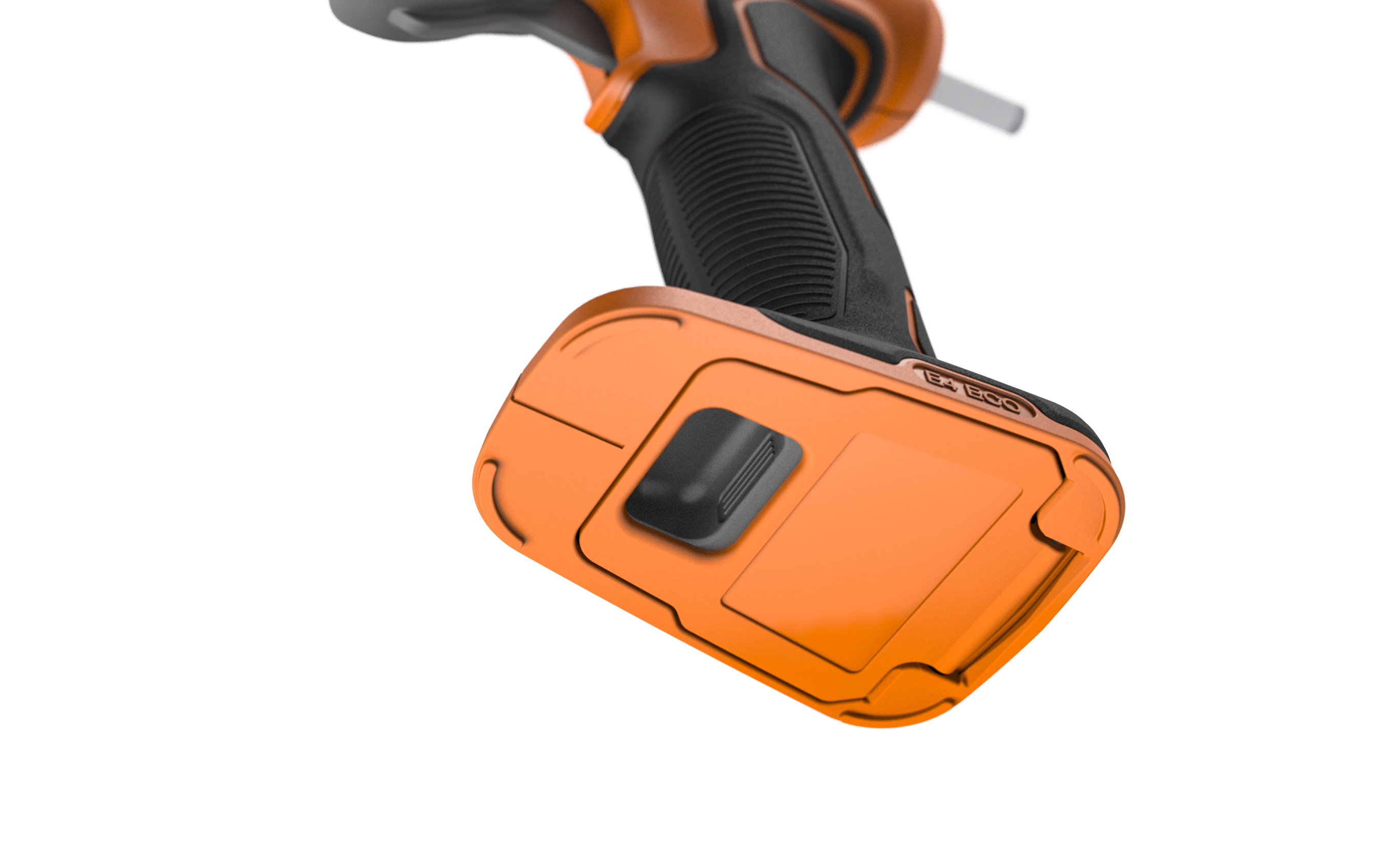 A bottom-up view of the orange base of an ECOFORGE power tool, isolated against a transparent background. The image highlights the flat orange footplate and a black sliding latch mechanism for the battery compartment door, with subtle embossed "E4 ECO" branding along the black rubberized trim just above the base.