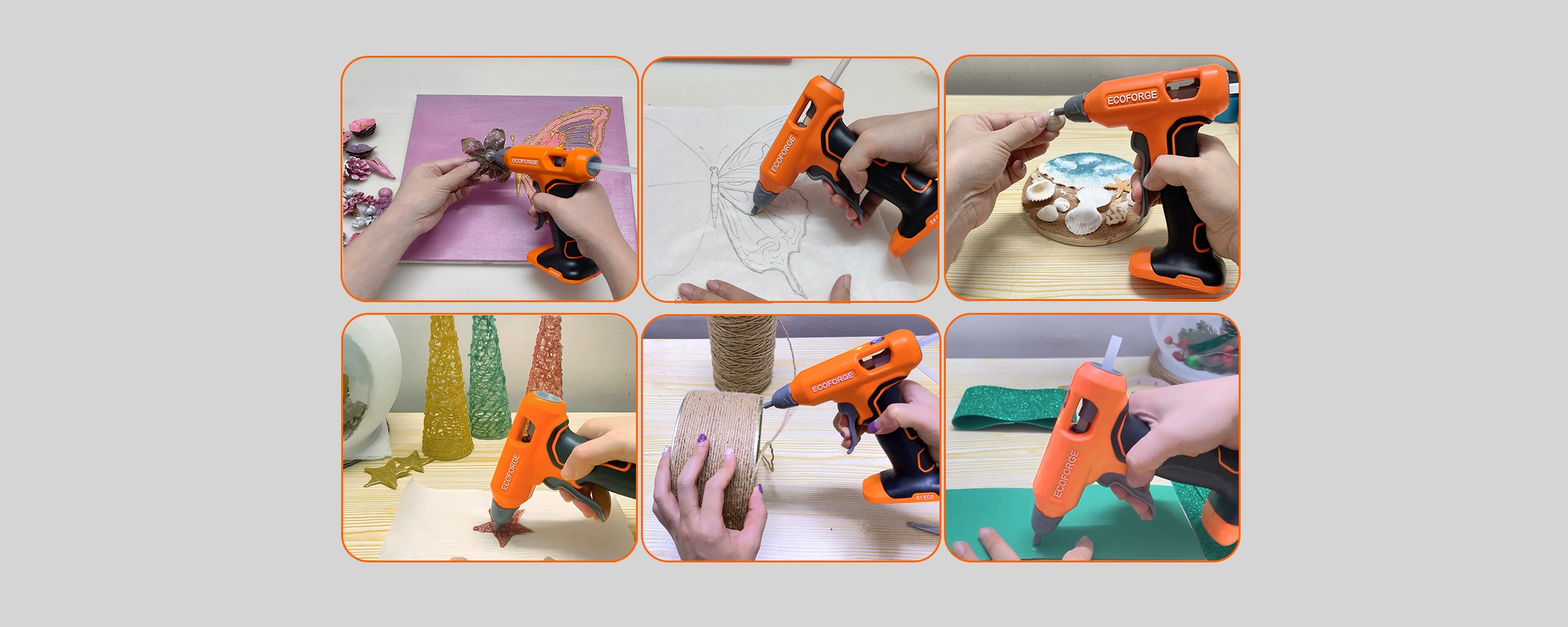 A six-panel photo grid showcasing various DIY crafting applications for the orange and black ECOFORGE cordless hot glue gun.

The top row shows a user gluing decorative dried flowers to canvas wall art, applying adhesive along a butterfly pattern on fabric, and attaching seashells to an ocean-themed wooden coaster. The bottom row demonstrates assembling star-shaped holiday ornaments, securing jute twine around a cylindrical container, and bonding green craft foam sheets together.