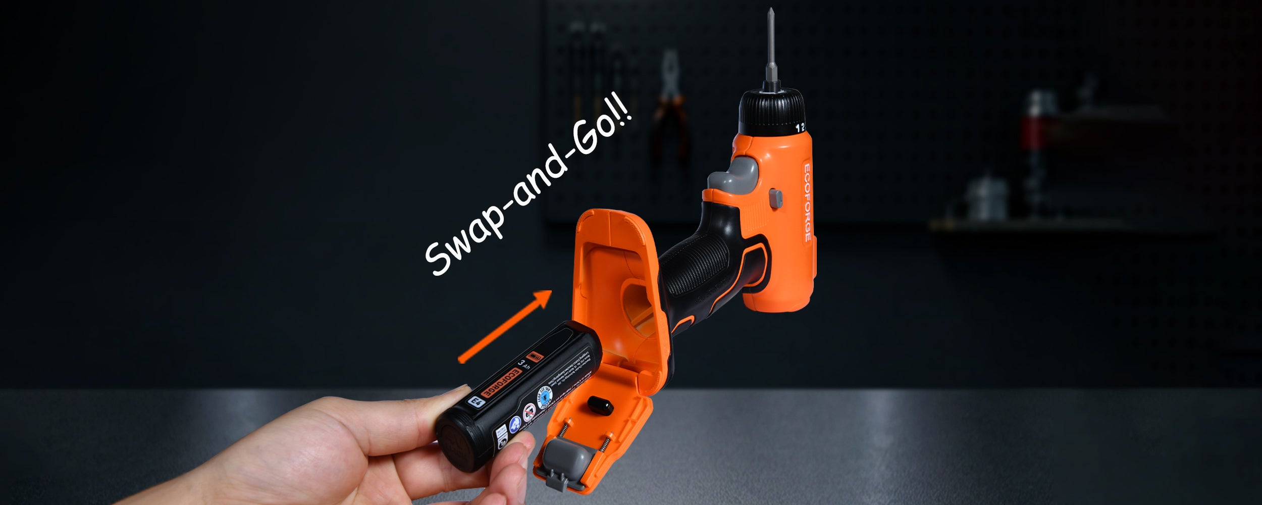 A product demonstration photo showing a hand inserting a black cylindrical ECOFORGE E4 battery pack into the base of an orange and black electric screwdriver. The hinged battery door at the bottom of the handle is flipped open to reveal the insertion cavity. An orange directional arrow and white text overlay reading "Swap-and-Go!!" illustrate the quick battery installation against a dark workshop background.