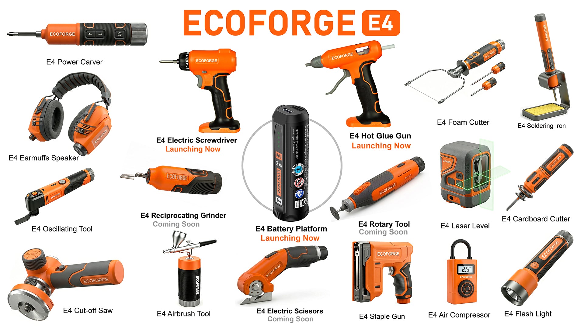 A promotional collage for the ECOFORGE E4 electric tool lineup on a white background, showing multiple orange-and-black cordless tools and accessories arranged around a central battery platform. Visible products include a power carver, electric screwdriver, hot glue gun, foam cutter, soldering iron, oscillating tool, reciprocating grinder, rotary tool, laser level, cardboard cutter, cut saw, airbrush tool, electric scissors, staple gun, air compressor, flashlight, and ear muffs speaker.